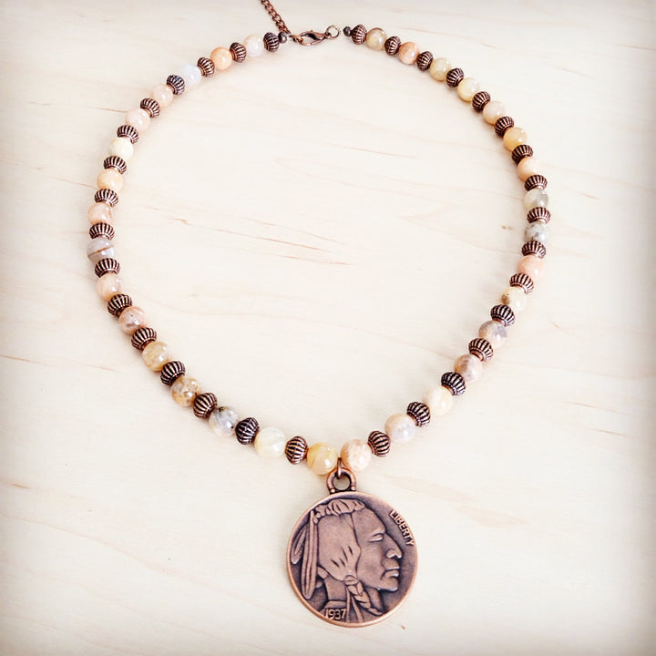Agate beaded collar necklace with Indian head coin pendant and copper loop
