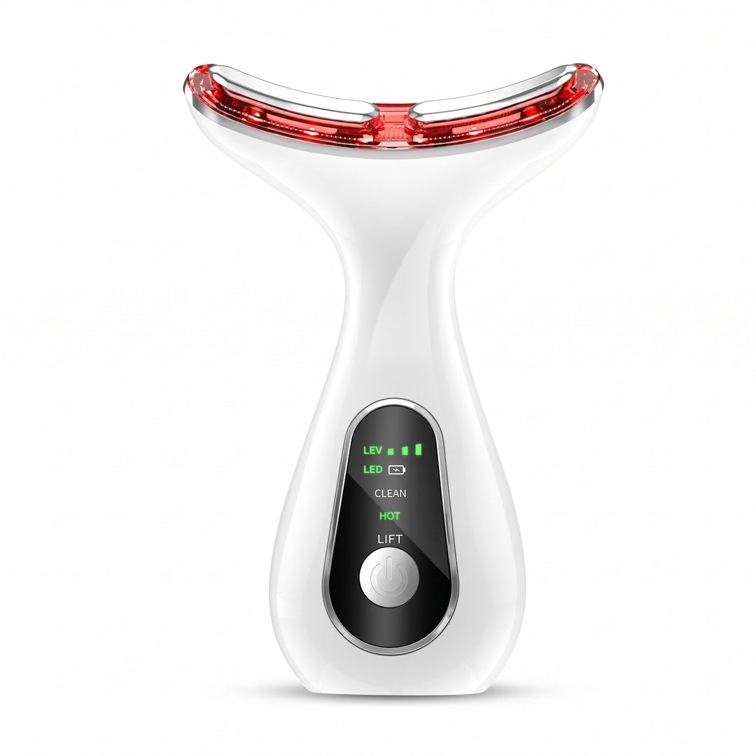 Front view white face and neck LED sculpting device with red LED light bar and green display