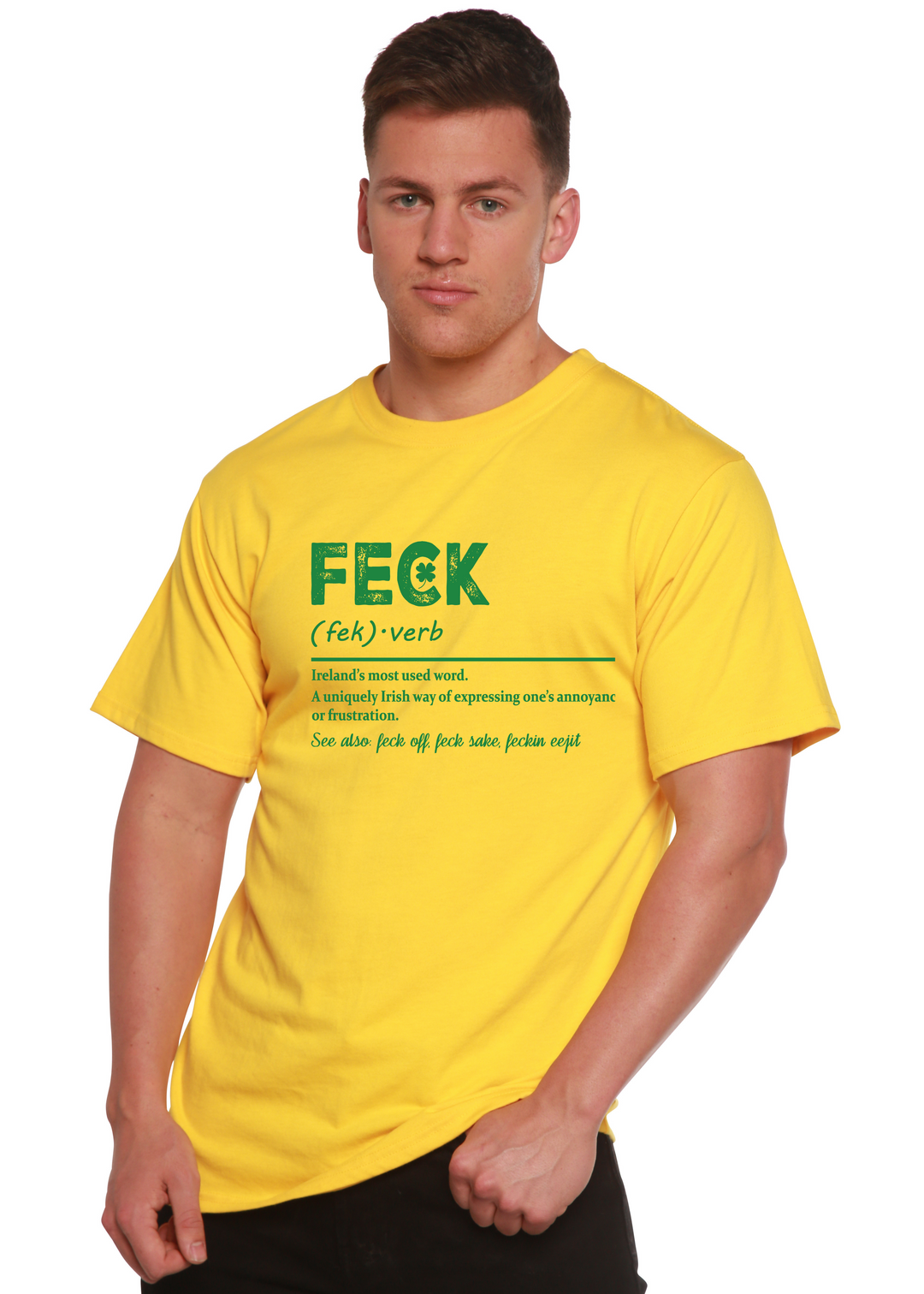 Yellow graphic T-shirt with green "FECK" logo and short definition text below