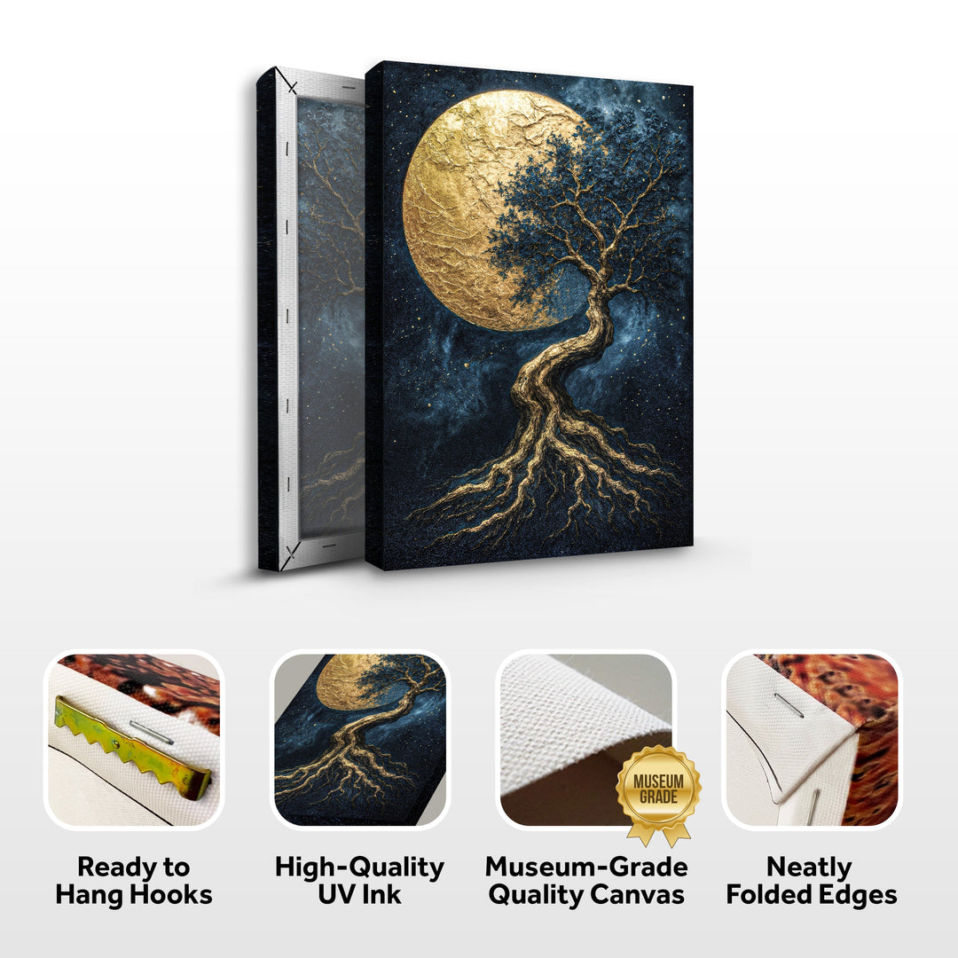 Tree of life wall art with gold moon, shown as gallery-wrapped canvas on stand