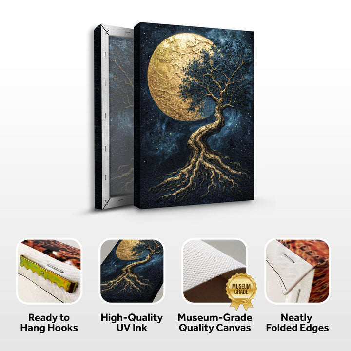 Tree of life wall art with gold moon, shown as gallery-wrapped canvas on stand