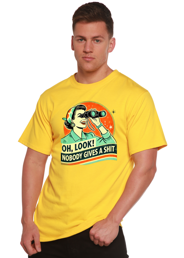 Unisex yellow graphic T-shirt with retro woman holding telescope and “OH, LOOK!” slogan
