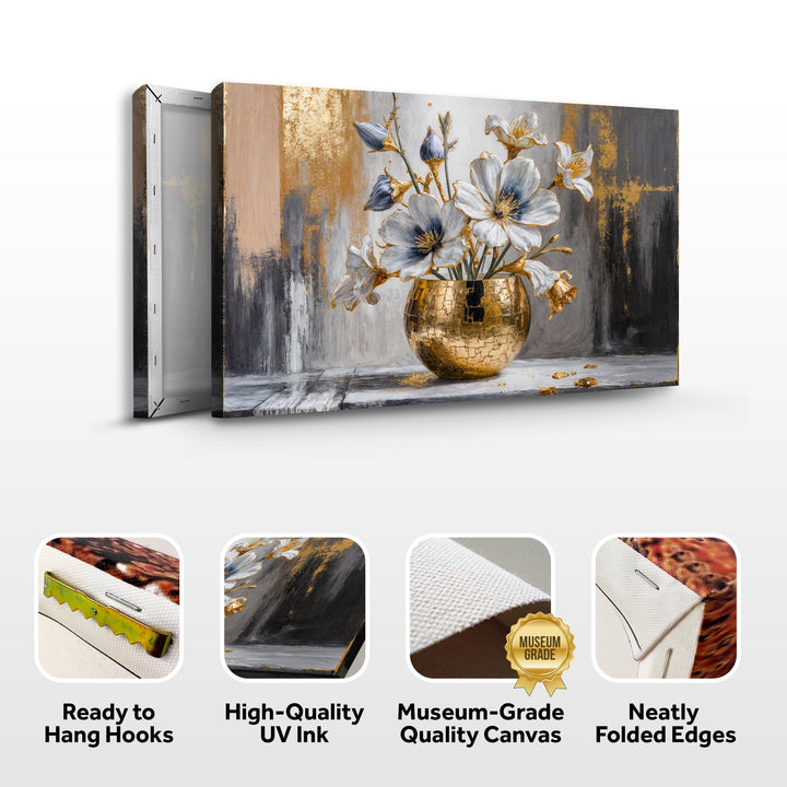 Folded abstract magnolia canvas with blue flowers and gold vase, ready to hang