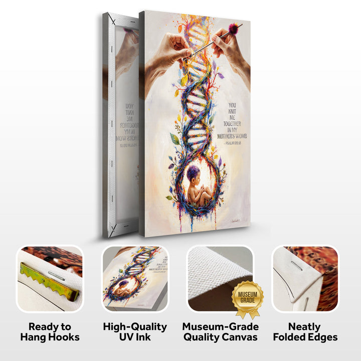 Canvas wall art mockup with side view and feature icons for hanging hooks and folded edges