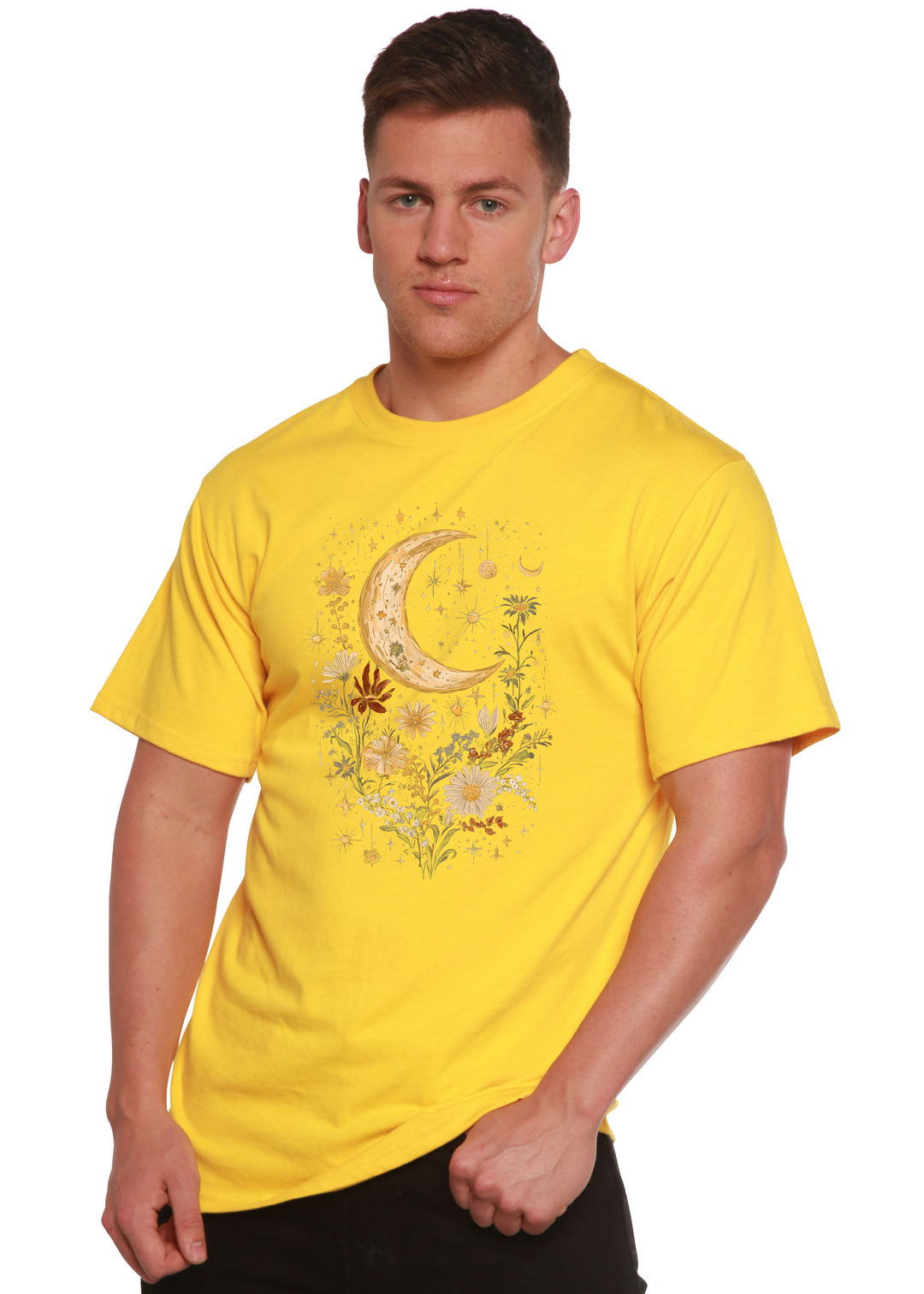 Unisex graphic T-shirt in yellow with gold crescent moon and flower design.