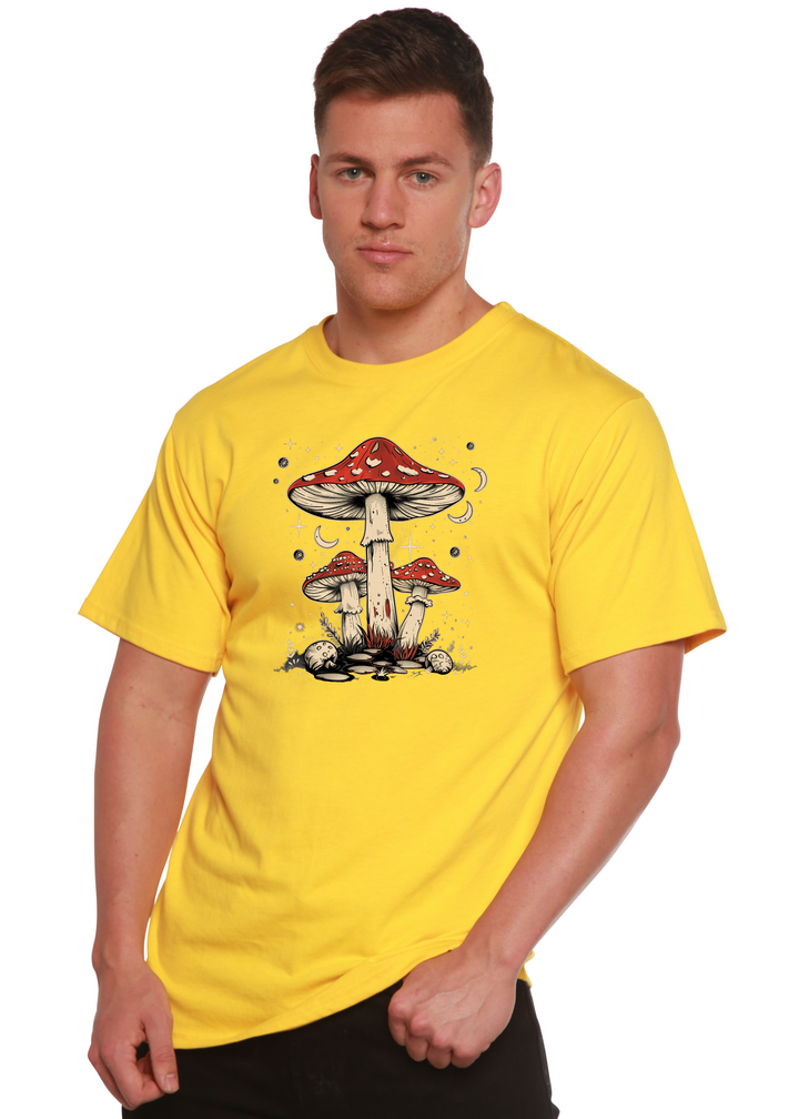 Mustard yellow unisex T-shirt with red mushroom graphic on the front