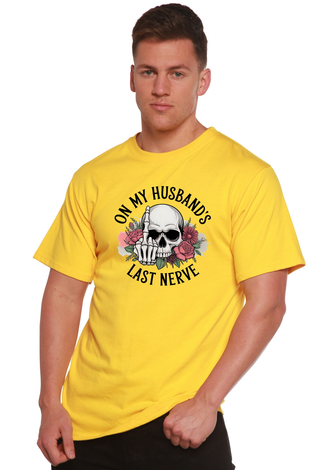 Yellow unisex graphic t-shirt with skull, roses, and &