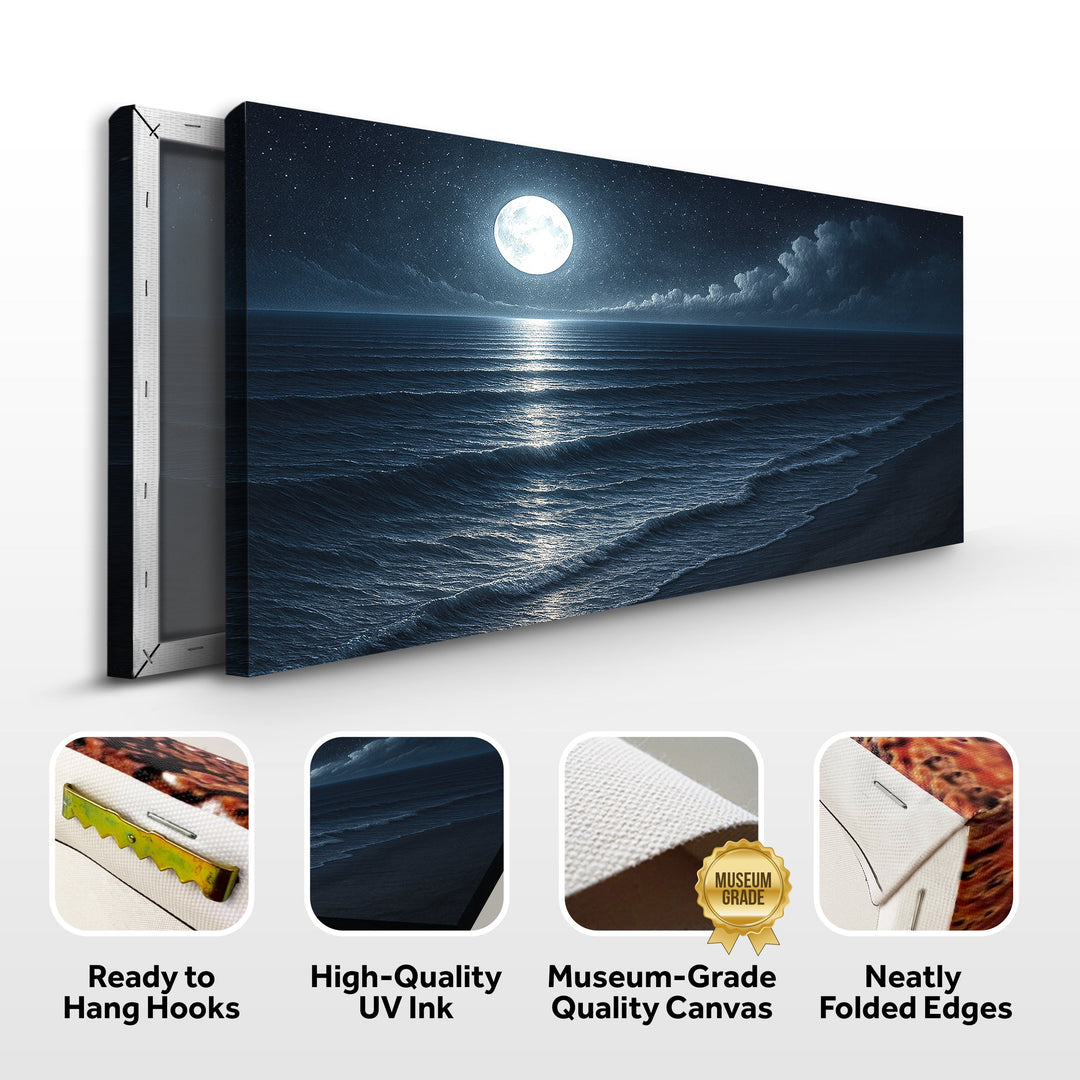 Framed moonlit ocean canvas with ready-to-hang hooks, UV coating, museum-grade canvas