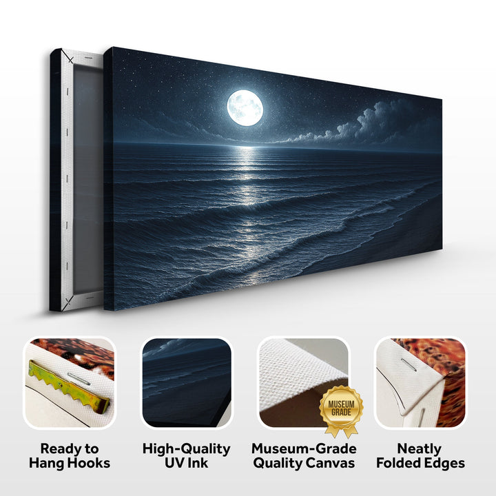Framed moonlit ocean canvas with ready-to-hang hooks, UV coating, museum-grade canvas