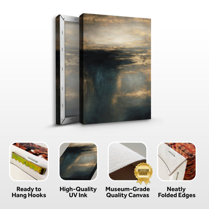 Cloudscape wall art packaging showing folded edges, hanging hooks, and UV ink icons.