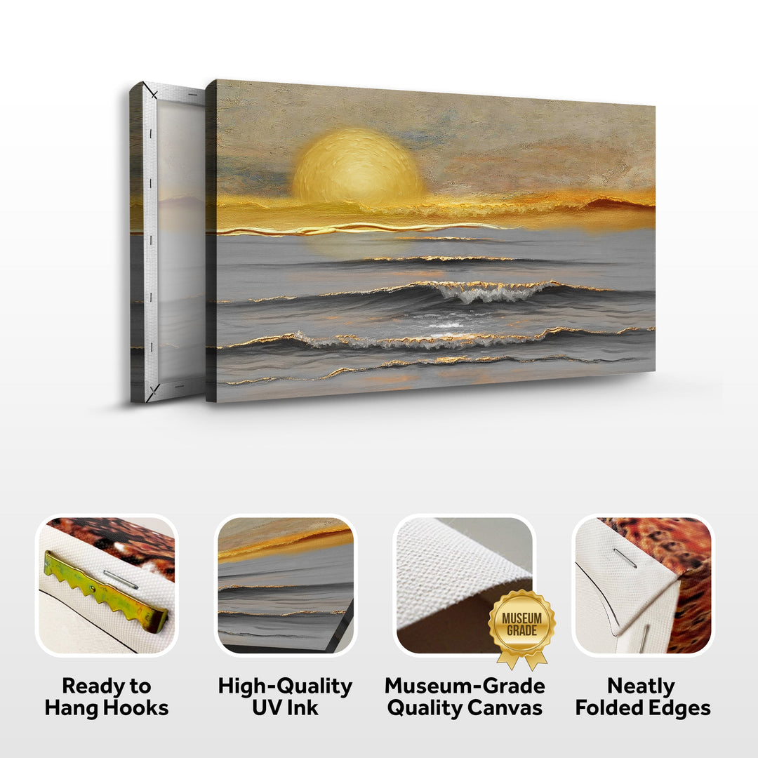Stretched seascape canvas wall art with golden sun over ocean waves, side view