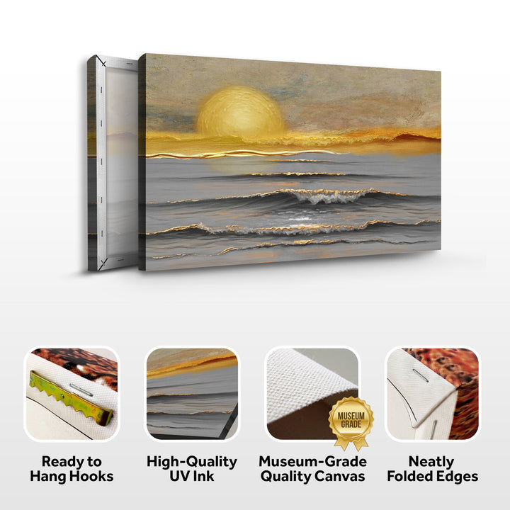 Stretched seascape canvas wall art with golden sun over ocean waves, side view