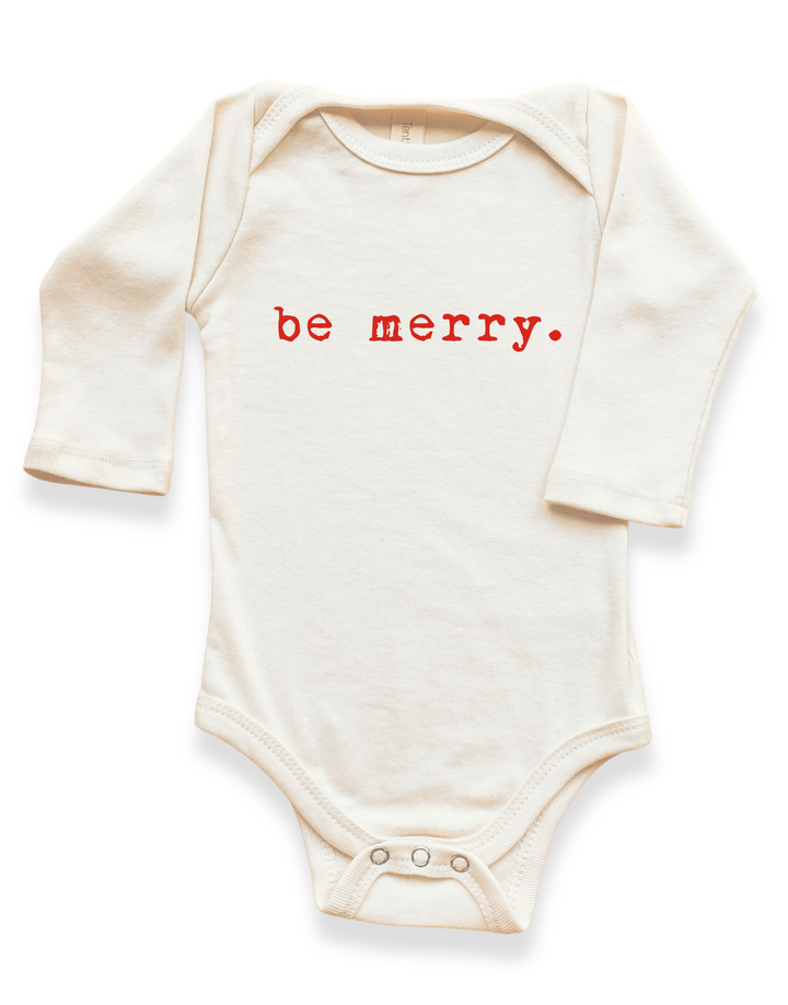 Long-sleeve baby bodysuit in cream with red "be merry" front print