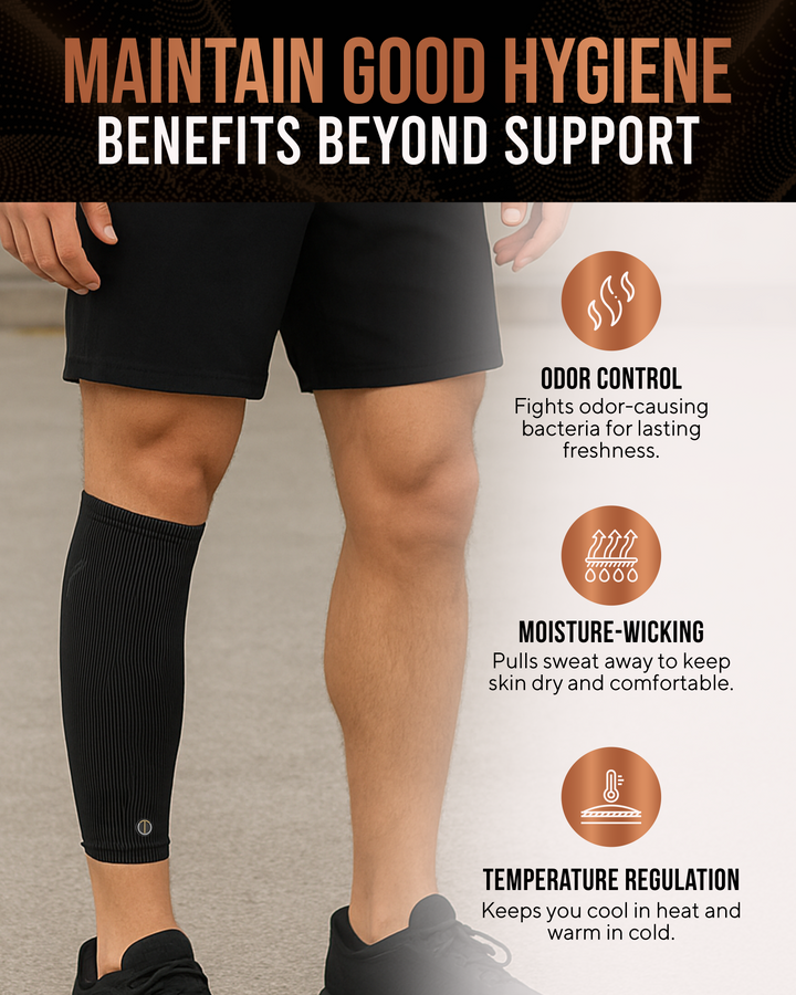 Black compression calf sleeves on legs for daily wear