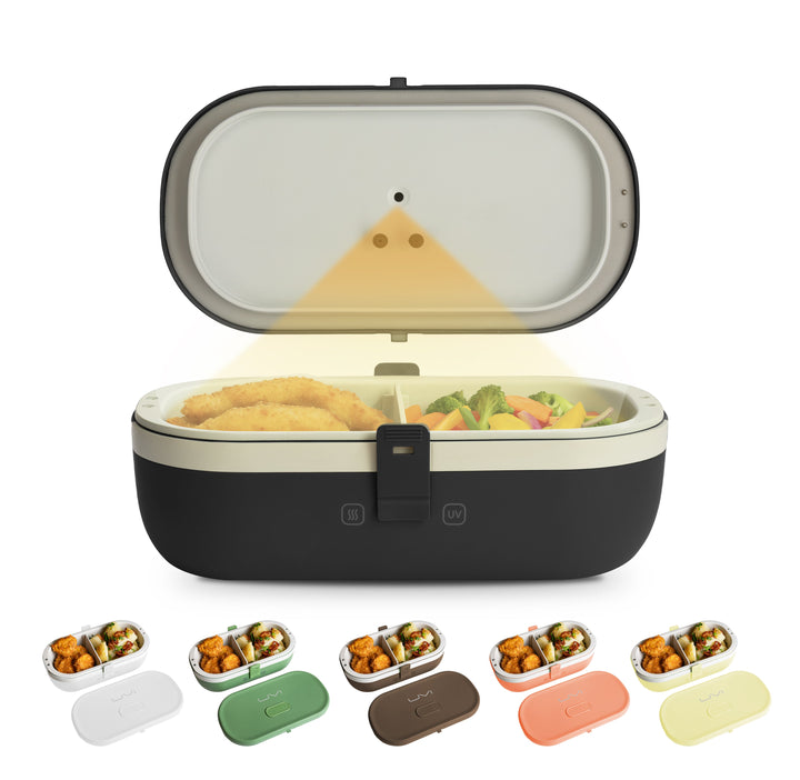 Black self-heating lunch box open with food inside and front latch strap