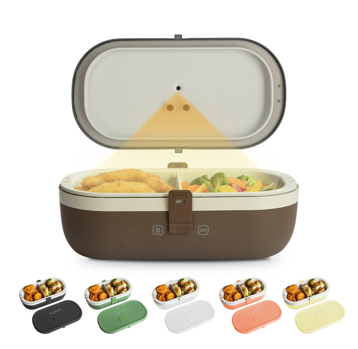 Brown self-heating lunch box open with food inside and front latch strap