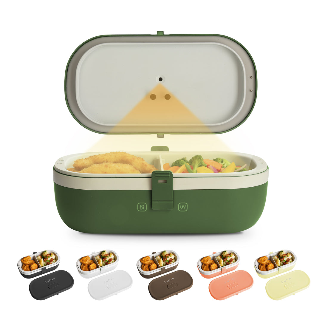 Green self-heating lunch box open with food inside and front latch strap