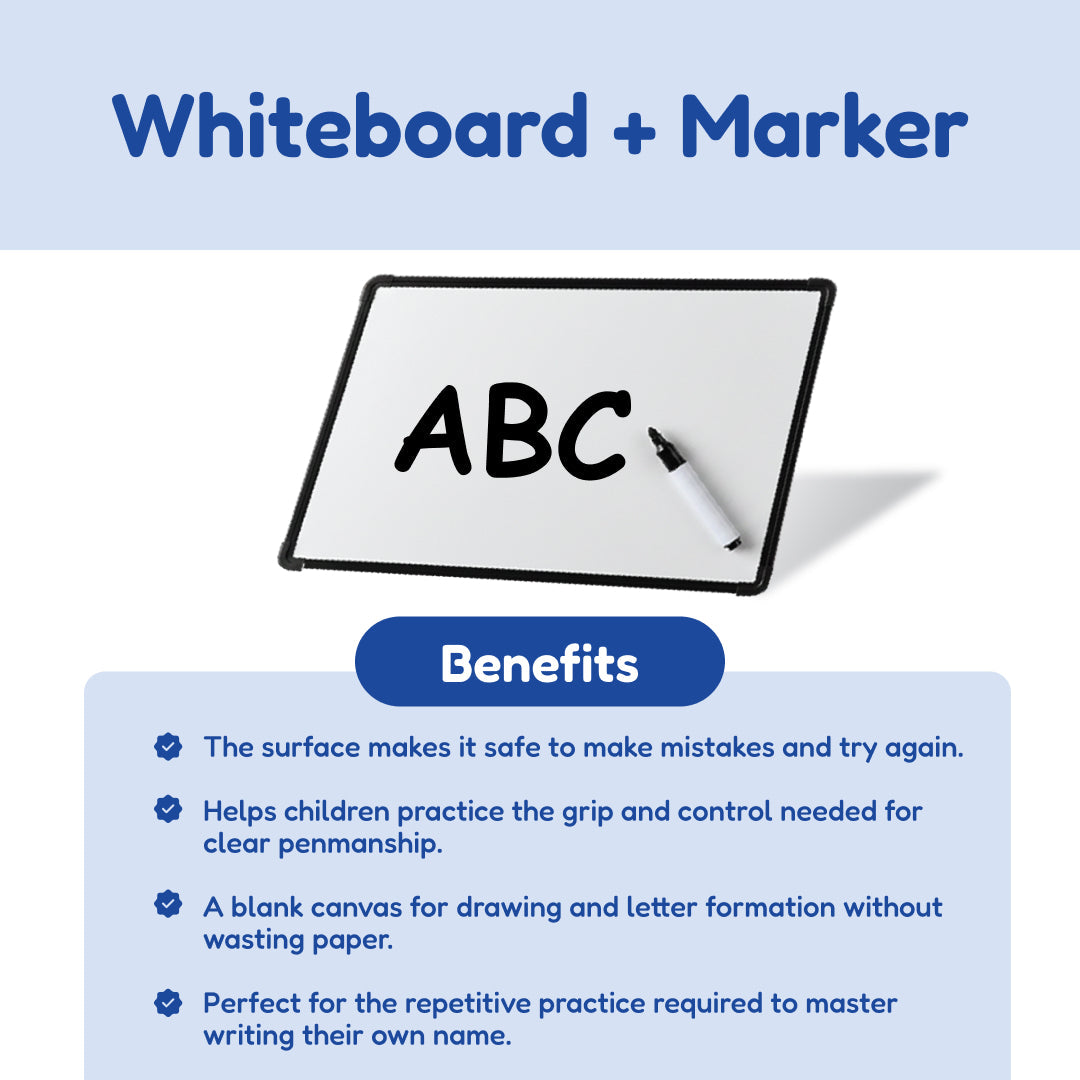 Black-framed whiteboard with ABC writing and a marker for letter practice