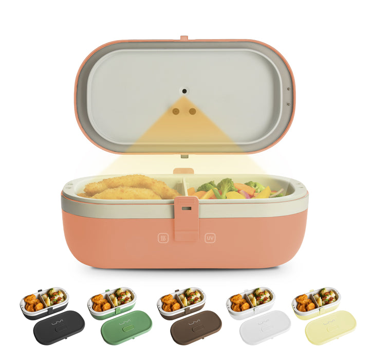 Salmon self-heating lunch box open with food inside and front latch strap