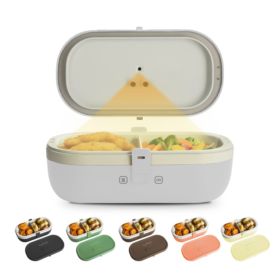Self-heating lunch box with lid open and inner compartment, showing UV light window.
