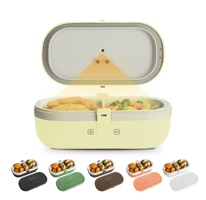 Light yellow self-heating lunch box open with food inside and front latch strap