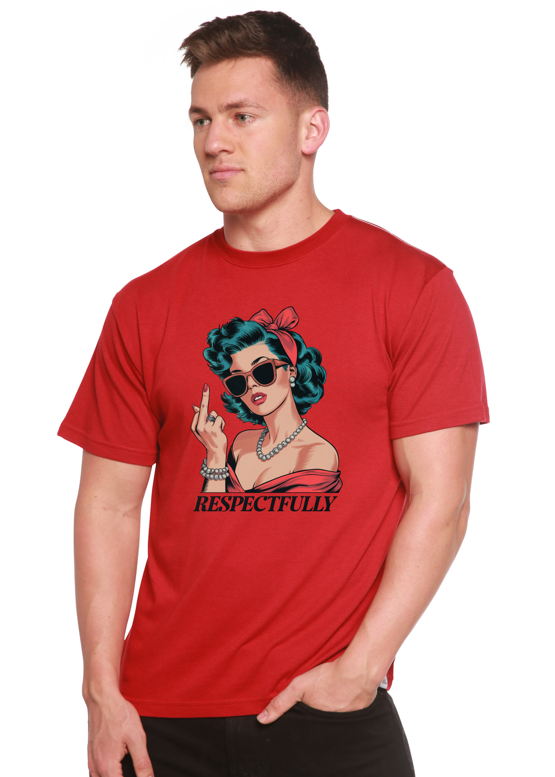 Unisex graphic T-shirt in red with illustrated woman and raised two-finger gesture