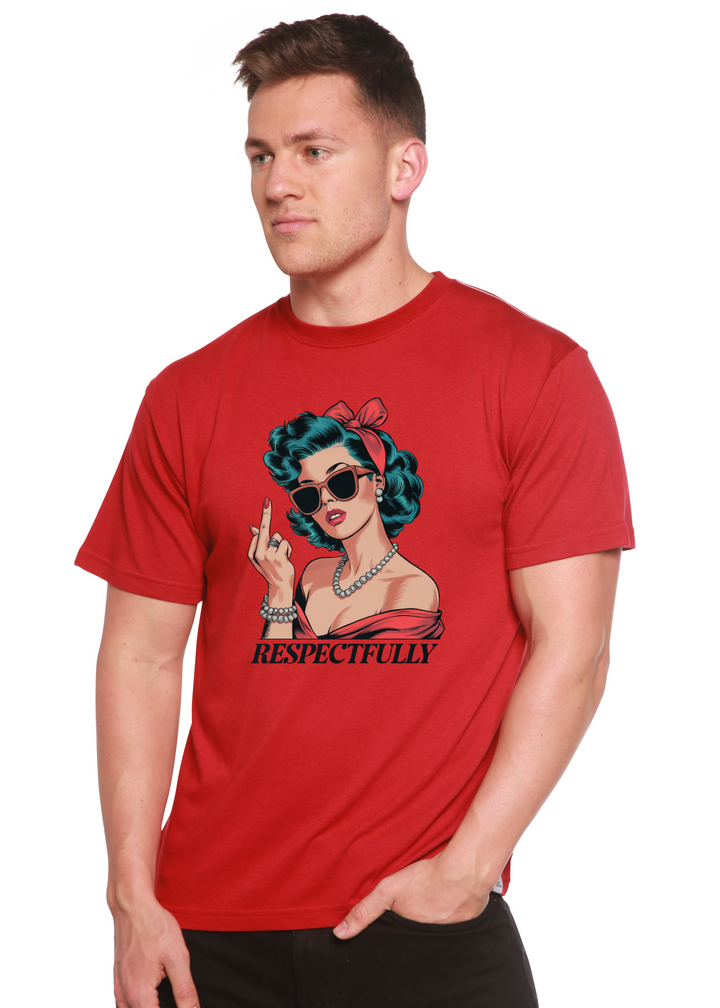 Unisex graphic T-shirt in red with illustrated woman and raised two-finger gesture