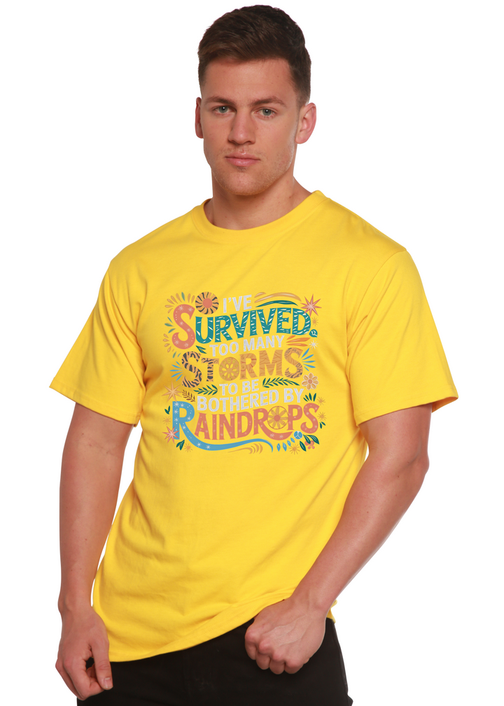 Unisex graphic t-shirt, yellow, colorful storm-themed front print.