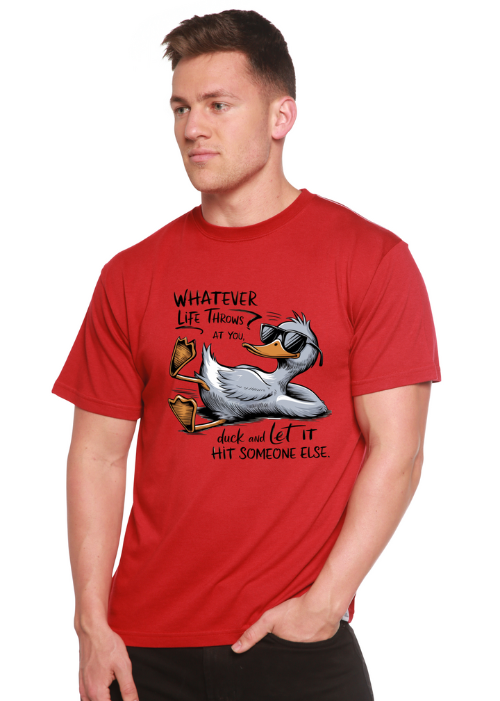 Red unisex graphic T-shirt with duck illustration and motivational text