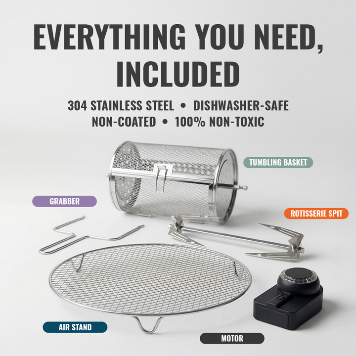 Air fryer accessories set: tumbling basket, rotisserie spit, air stand, and motor