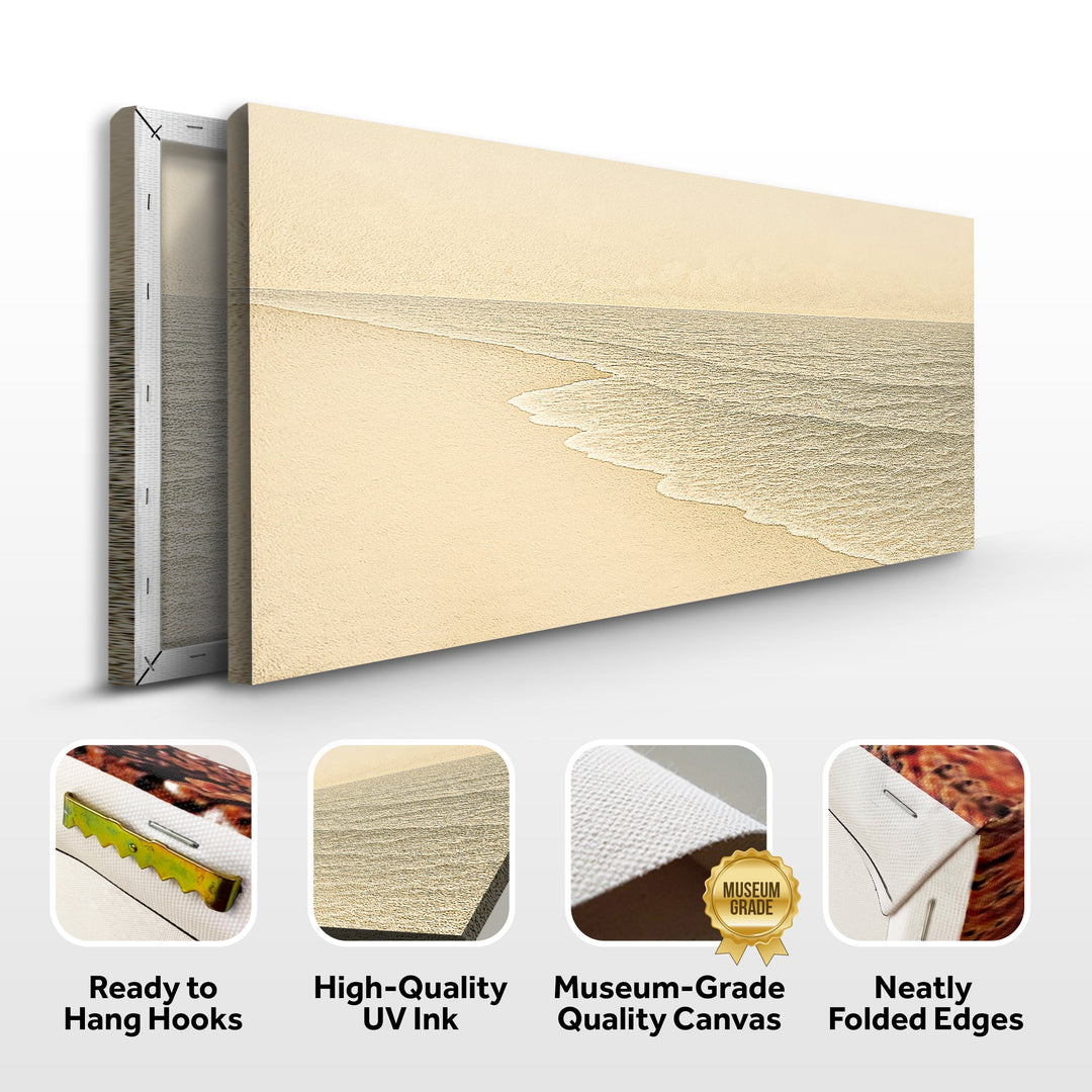 Stretched beach shoreline wall art canvas with neatly folded edges and UV print.