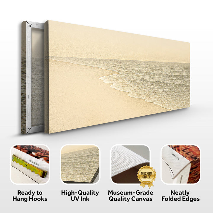 Stretched beach shoreline wall art canvas with neatly folded edges and UV print.