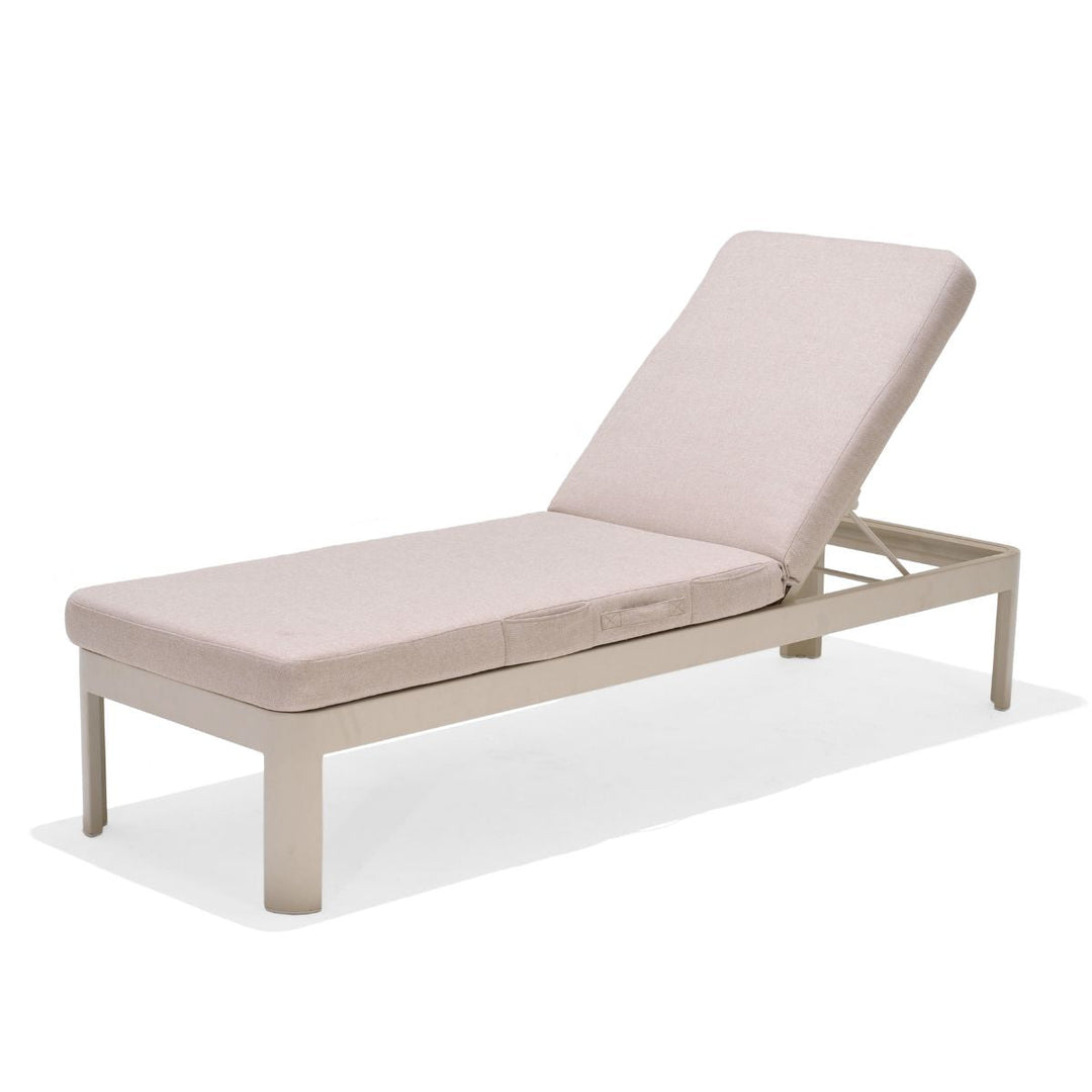 Light beige padded sun lounger with adjustable backrest and white support frame