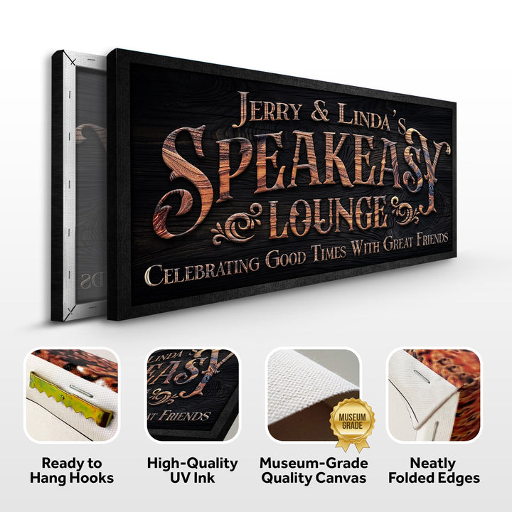 Framed speakeasy lounge wall sign mockup with side view and quality callouts icons.