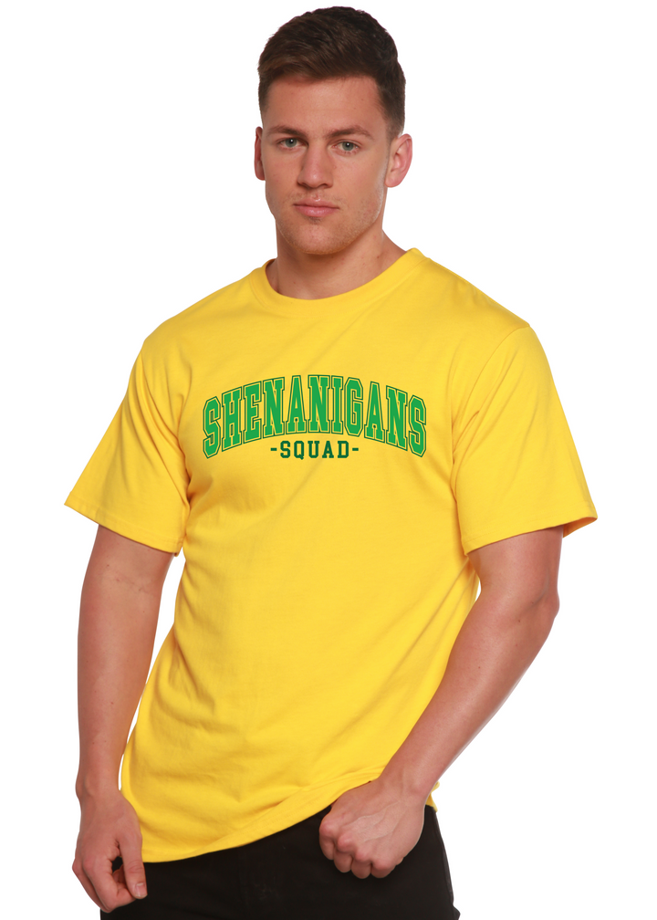Unisex graphic T-shirt, yellow with green “Shenanigans Squad” logo on front.