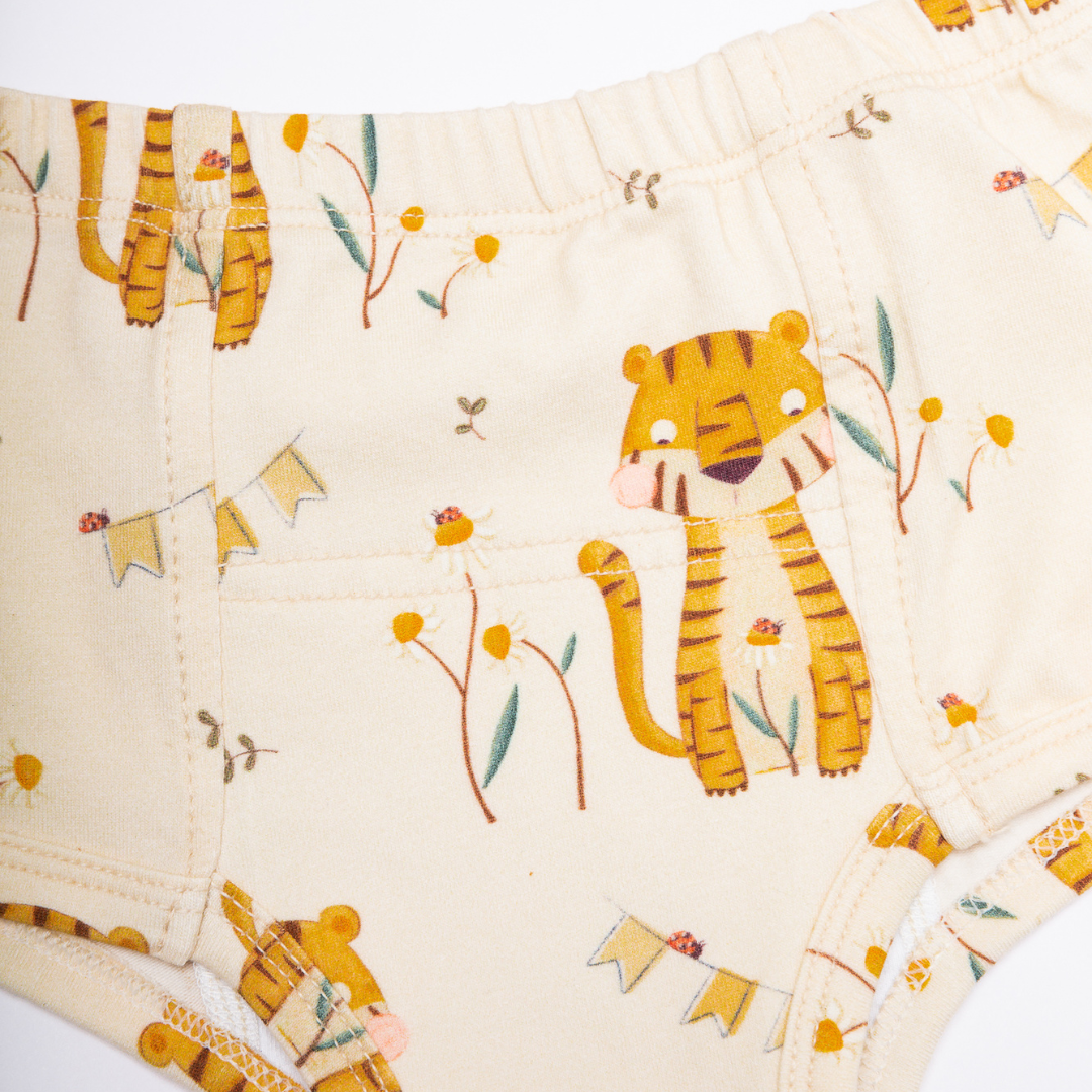 Tiger graphic potty training underpants close-up, light cream, elastic waistband