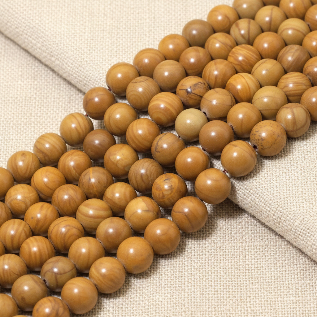 Wood agate round smooth beads strand, glossy golden-tan with subtle stripes