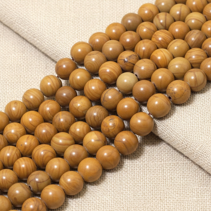 Wood agate round smooth beads strand, glossy golden-tan with subtle stripes