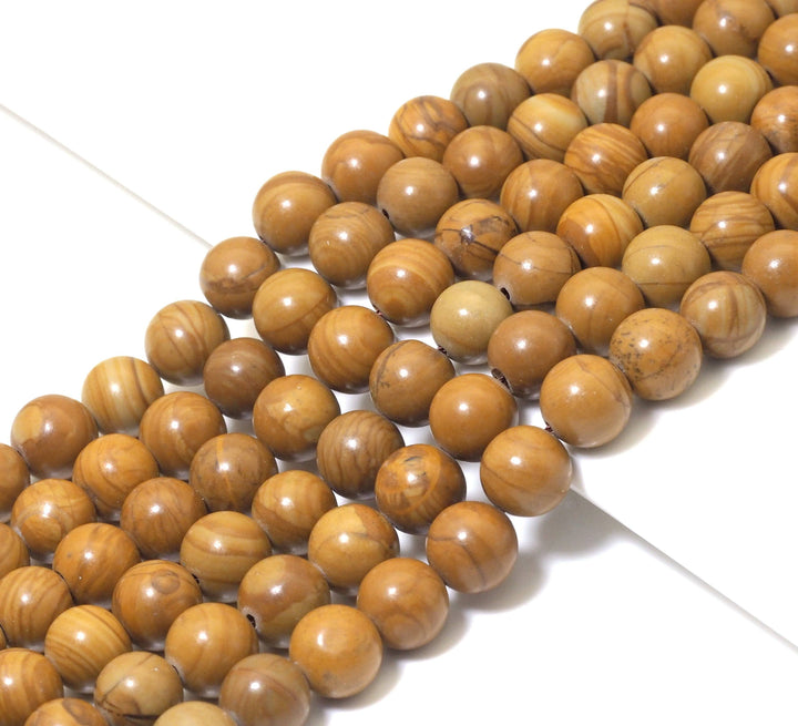 Yellow wood agate round smooth beads strand, warm tan golden swirl pattern