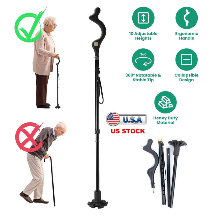 Black folding walking cane with curved handle; includes collapsed sections and rubber tips