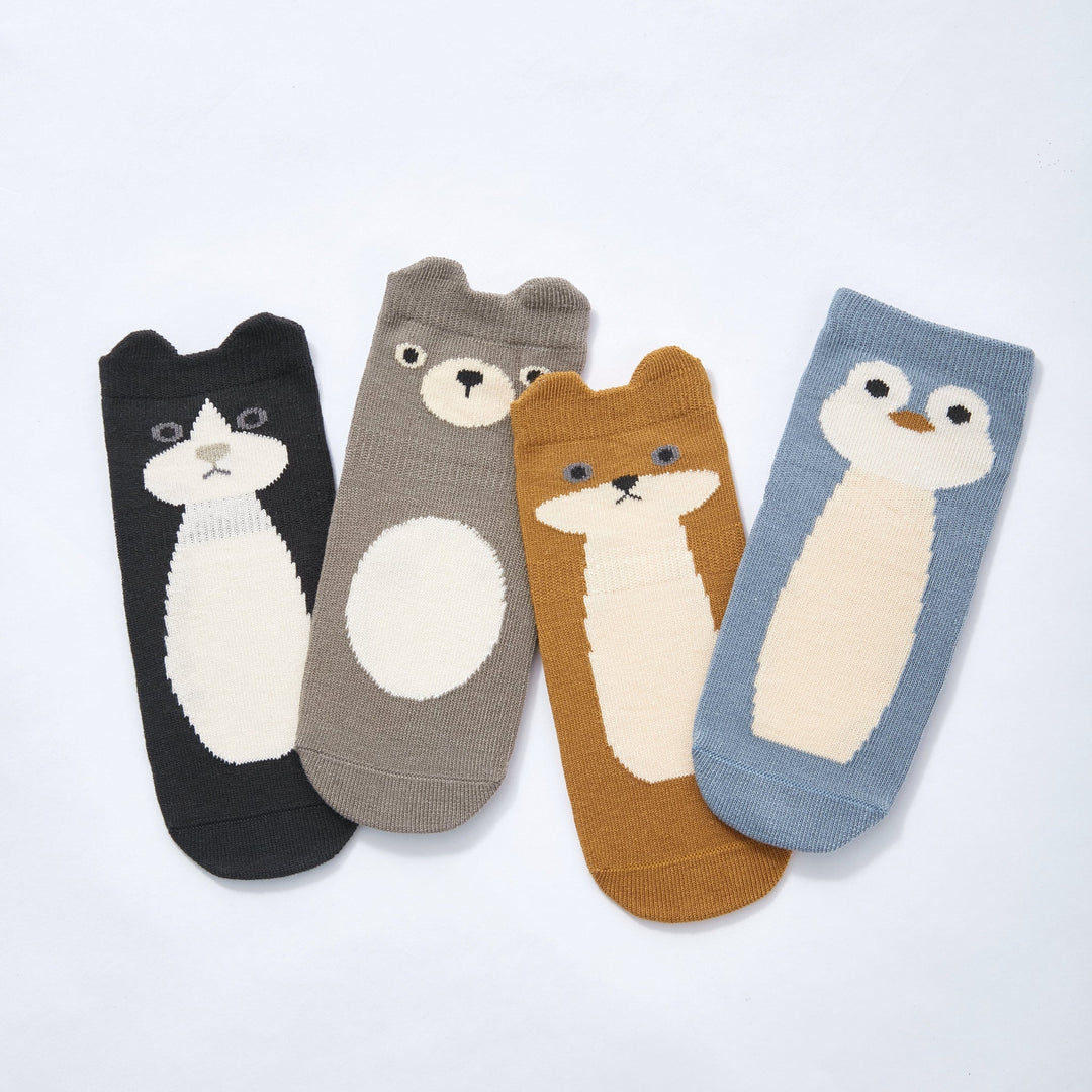 Assorted animal-face baby and toddler non-slip crew socks, black, tan, gray, blue