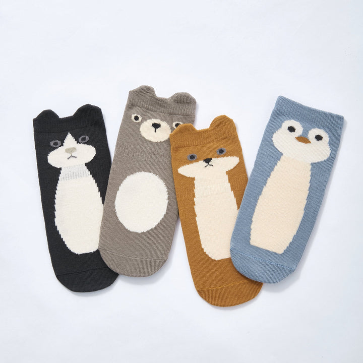 Assorted animal-face baby and toddler non-slip crew socks, black, tan, gray, blue