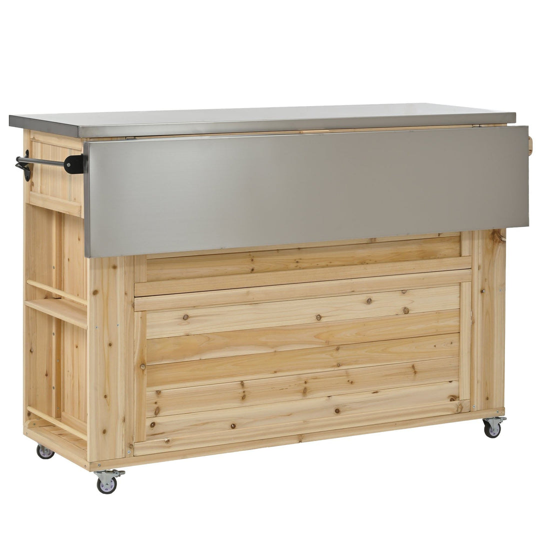 Fir Wood Kitchen Island with Stainless Steel Top