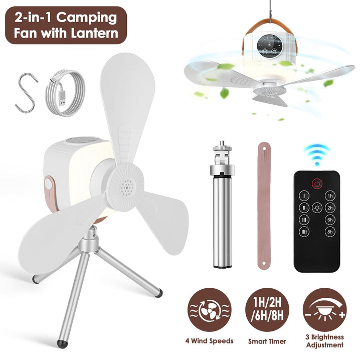 2-in-1 camping fan with lantern, white ceiling fan with hanging cord, remote, and battery