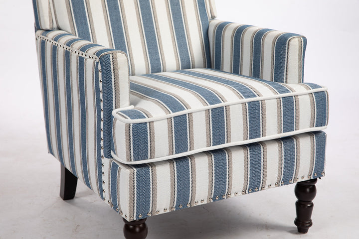 Accent Chair Vintage Striped Linen Blue White Nailhead Solid Wood Legs