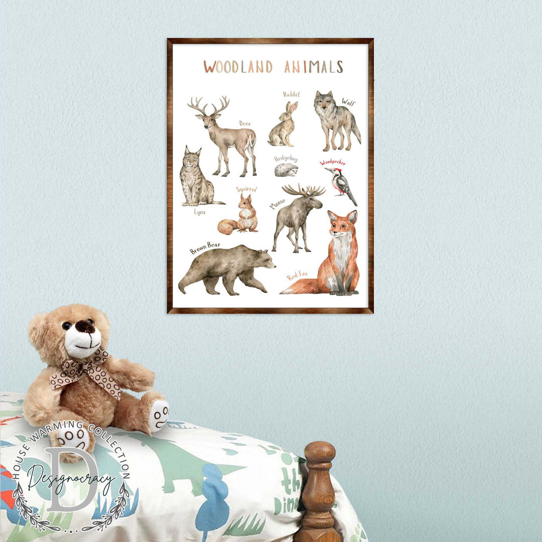 Framed woodland animals poster print with labeled deer, rabbit, hedgehog, wolf, and fox