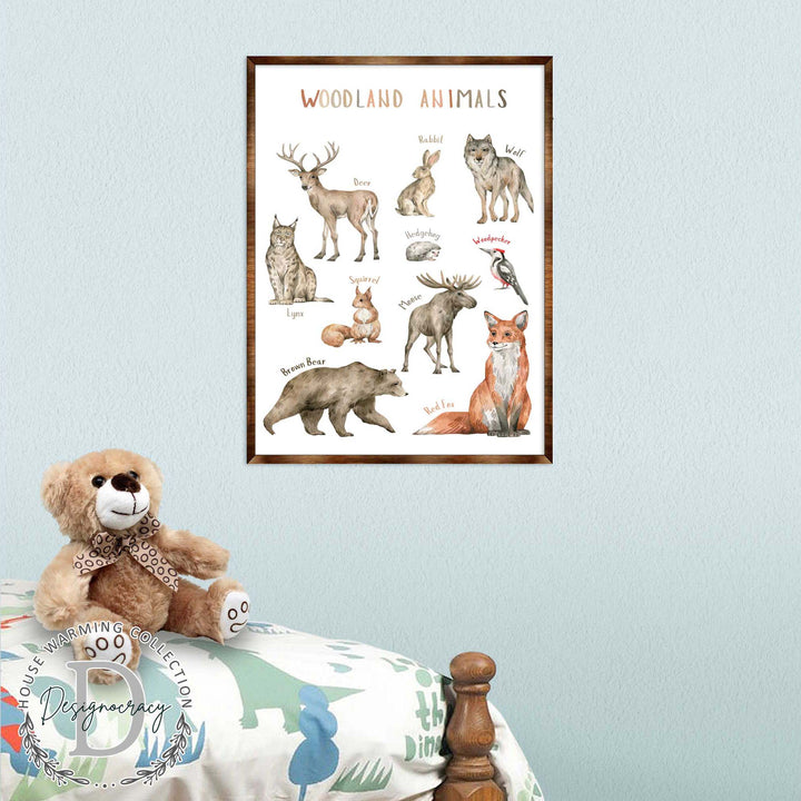 Framed woodland animals poster print with labeled deer, rabbit, hedgehog, wolf, and fox