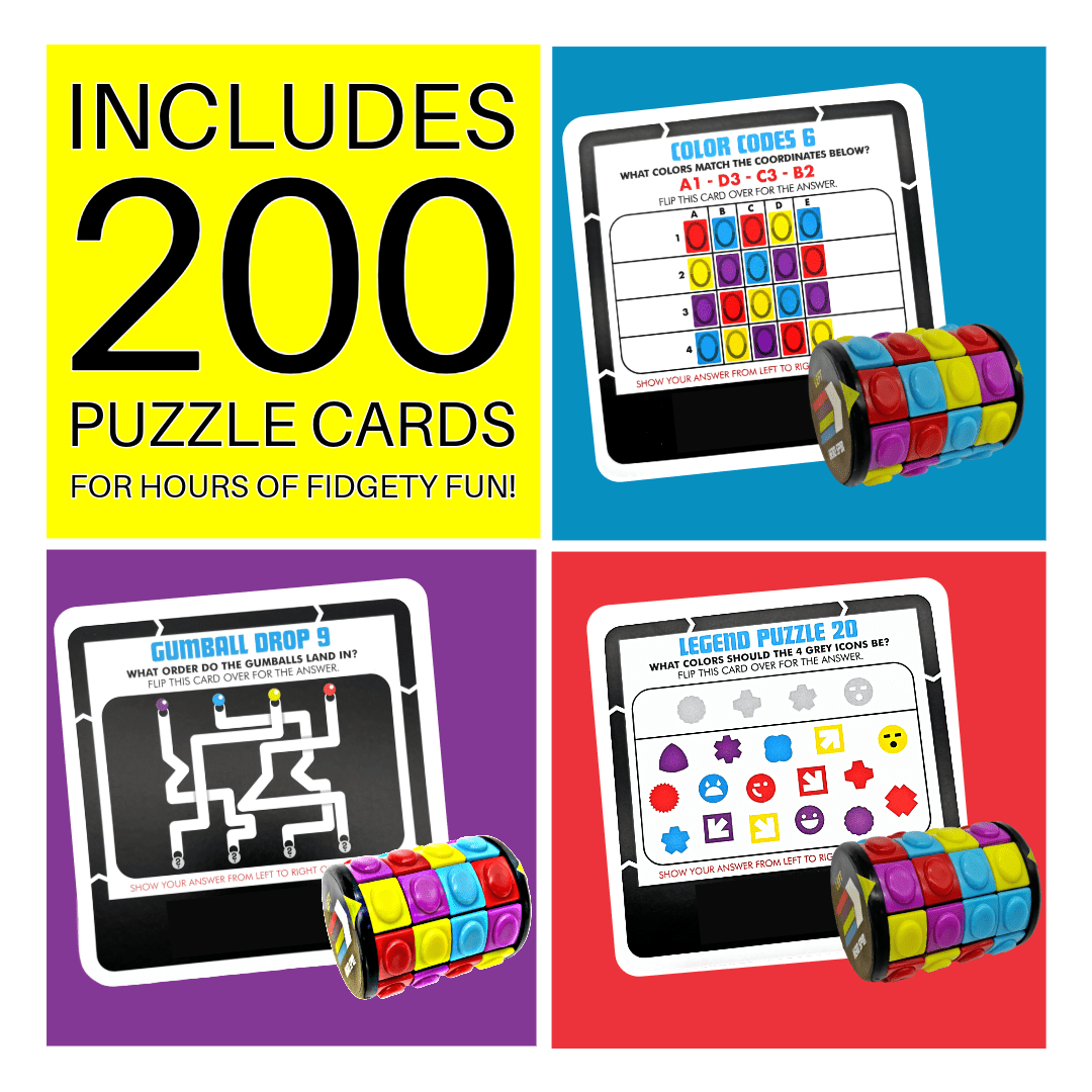 Game box includes 200 puzzle cards, shown with colorful cube spinners and drop diagrams