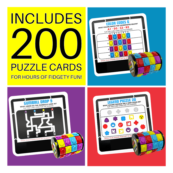 Game box includes 200 puzzle cards, shown with colorful cube spinners and drop diagrams