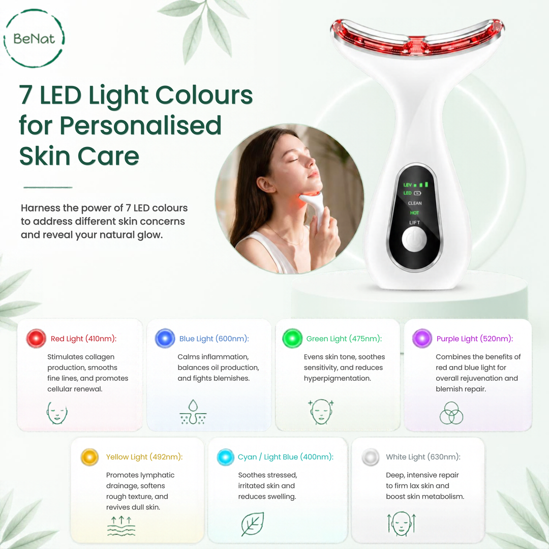White face and neck LED sculpting device with red light bar and green LED indicator